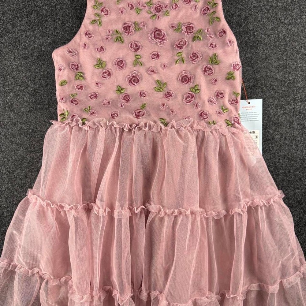 Cat & Jack 4/5 Pink floral dress with green & purple roses - Picture 1 of 3